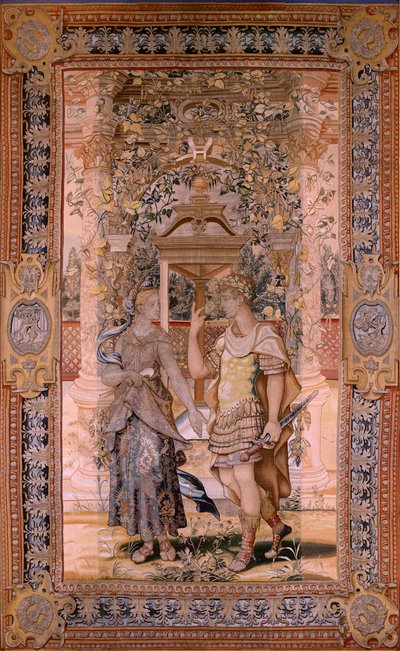 Vertumnus getransformeerd in een krijger. Vierde wandtapijt in de serie. Ca 1545-1550. door Pieter (circle of) Coecke van Aelst