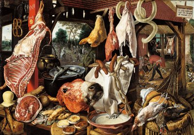 Slagerskraam met de Vlucht naar Egypte door Pieter Aertsen