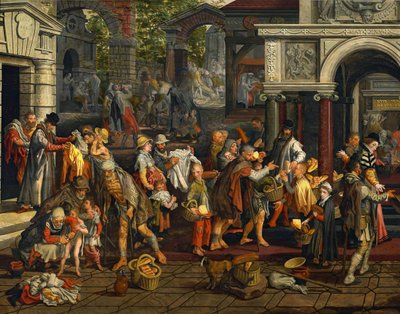 Christelijke daden van barmhartigheid (Matteüs 25:35-36) door Pieter Aertsen
