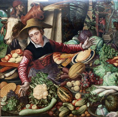 Duits: Marktfrau am Gemüsestand Marktvrouw bij een groentekraam door Pieter Aertsen