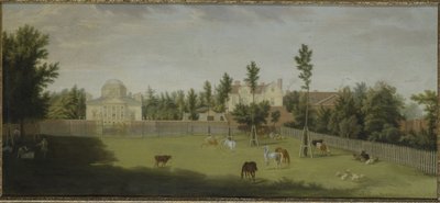 Uitzicht op de nieuwe villa, het oude huis en de stallen vanaf Burlington Lane, Chiswick Villa door Pieter Andreas Rysbrack