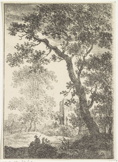 Landschap met ruïne en zittende figuur door Pieter Bartholomeusz. Barbiers