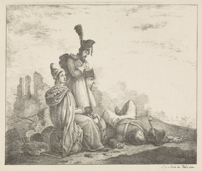 Treurend gezelschap bij dode soldaat door Pieter Bartholomeusz. Barbiers