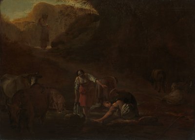 Een herder en wasvrouwen bij een bron door Pieter Bodding van Laer