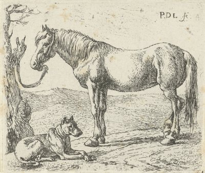 Paard en hond in een weide door Pieter Bodding van Laer