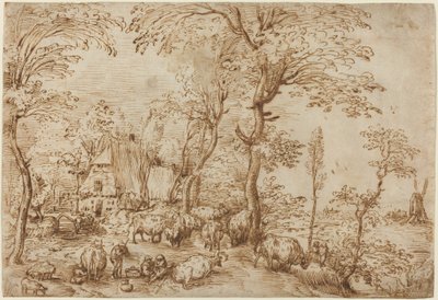 Boeren en Vee bij een Boerderij door Pieter Bruegel the Elder
