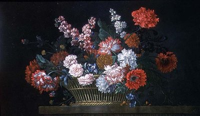Een Stilleven van Anjers, Stocks, Pioenen, Winde en Andere Bloemen in een Mand op een Stenen Rand door Pieter Casteels