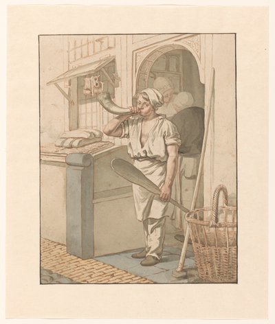 Bakker blaast voor zijn winkel op een hoorn door Pieter Christoffel Wonder