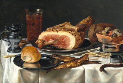 Stilleven met ham, 1625 door Pieter Claesz