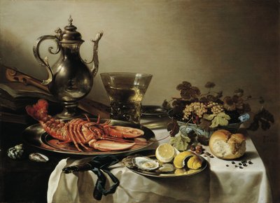 Tafel met kreeft, zilveren kan, grote Berkemeyer, fruitschaal, viool en boeken, 1641 door Pieter Claesz