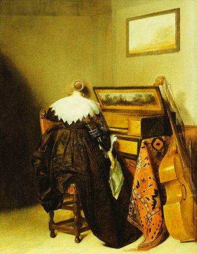 Een zittende dame van achteren gezien voor een virginaal door Pieter Codde