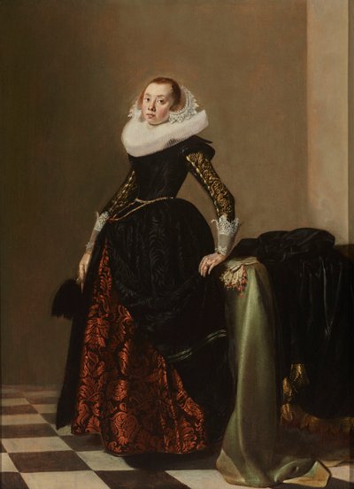 Portret van een Rijk Geklede Jonge Vrouw door Pieter Codde