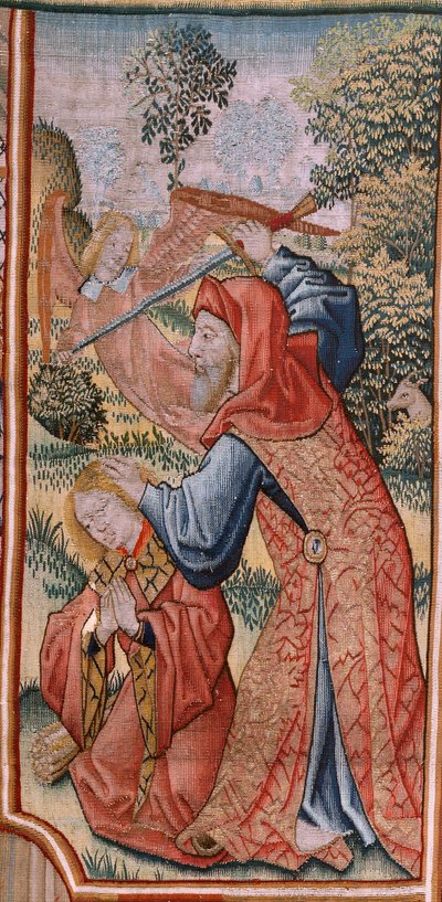 Vlaamse wandtapijt. Serie Episodes uit het Leven van de Maagd; Presentatie in de Tempel (Presentación en el Templo). Tweede wandtapijt in de serie. Modellen Toegeschreven aan Jan van Roome (of van Brussel). Fabriek Pieter van Aelst, Brussel. Ca 1502-1504. door Pieter Coecke van Aelst