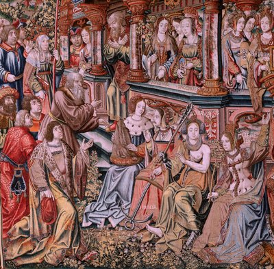Vlaamse wandtapijt. Serie De Eerbewijzen. Deugd. Achtste wandtapijt in de serie. Model Cartonisten uit de kring van Bernard van Orley en Jan Gossaert (Mabuse). Manufacture Pieter van Aelst, Brussel. Ca 1550. door Pieter Coecke van Aelst