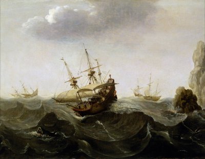 Een boot gevangen in een woeste zee, met boten die voor de storm vluchten in de verte en, rechts, rotsen die uit het water oprijzen (ca. 1620) door Pieter Cornelisz. Verbeeck