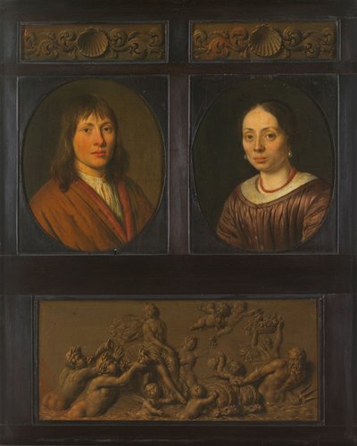 Portretten van een man en een vrouw omlijst met twee ornamentale friesminiaturen met schelpmotief en een triomf van Amphitrite door Pieter Cornelisz. van Slingelandt