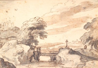 Landschap met een oude brug over een beek door Pieter Dircksz van Santvoort