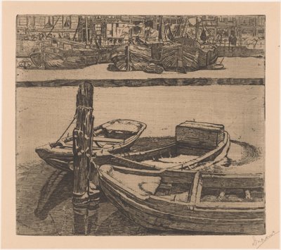 Schepen in het Damrak in Amsterdam door Pieter Dupont (signed by artist)