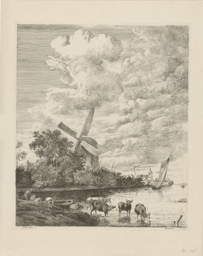 Riviergezicht met molen en koeien in het water door Pieter Gerardus van Os