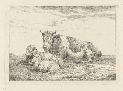 Slapende koe met schaap en lammetje door Pieter Gerardus van Os