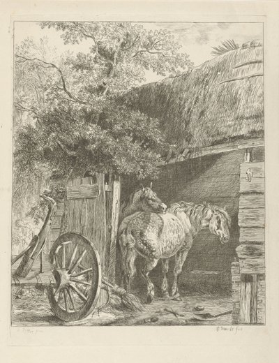 Twee paarden in een boerenschuur door Pieter Gerardus van Os