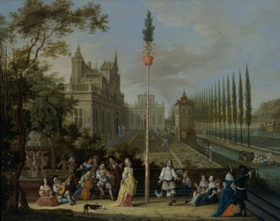 Figuren dansen rond een meiboom in de tuinen van een kasteel door Peeter Gijsels