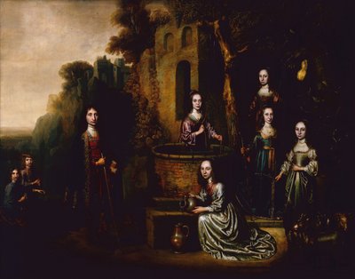 Groepsportret van een Heer en een Dame met Vier Dames in Aanwezigheid door Pieter Harmansz Verelst