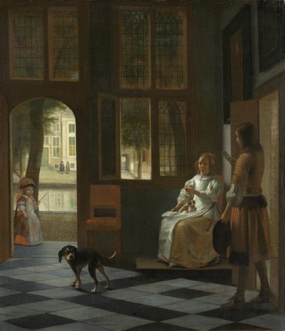 Een Vrouw die een Jonge Man met een Brief Begeleidt door Pieter Hooch de