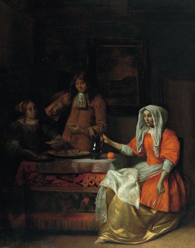 Interieur met twee vrouwen en een man die oesters eten en drinken door Pieter Hooch de