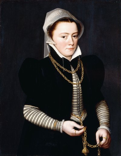 Portret van een Dame, staand, kleine driekwart lengte, in een gestreept lijfje en zwarte jas, een pomander vasthoudend aan een gouden ketting door Pieter Jansz. Pourbus