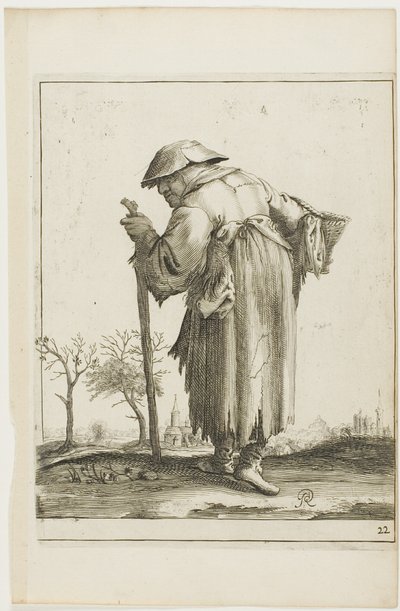Marcherende bedelaarster met een mand, uit T is al verwart-gaern (Het is al verwarrend) door Pieter Jansz. Quast