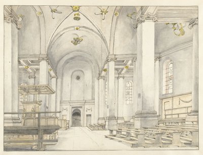 Zicht op het schip van de Nieuwe Kerk, Haarlem, naar het westen door Pieter Jansz Saenredam