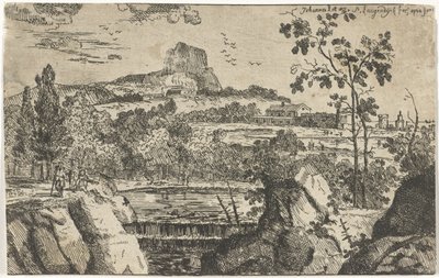Bergachtig landschap met waterval door Pieter Langendijk (I)