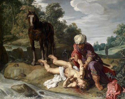 De barmhartige Samaritaan verzorgt de wonden van de reiziger (Lucas 10:25-37) door Pieter Lastman