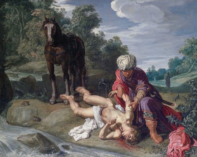 De barmhartige Samaritaan verzorgt de wonden van de reiziger (Lucas 10:25-37) door Pieter Lastman