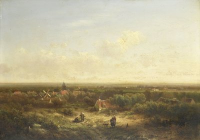 Vergezicht met een dorp door Pieter Lodewijk Francisco Kluyver