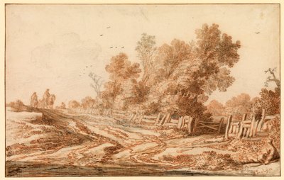 Landschap met reizigers op een weg door Pieter Molijn