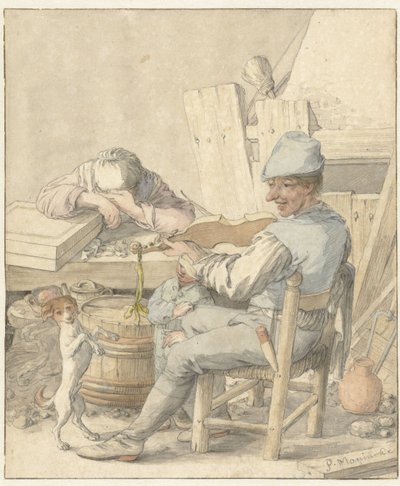 Interieur met vioolspelende man, slapende vrouw en dansende hond door Pieter Moninckx
