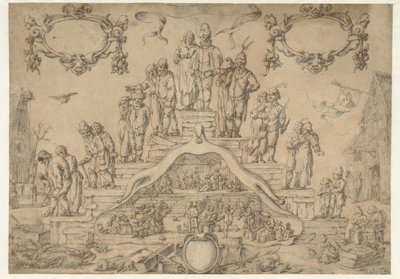 Trap des Ouderdoms met boeren en boerinnen door Pieter Nolpe (attributed to)