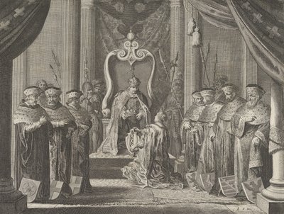 Plaat 8: Keizer Maximiliaan II verleent een kroon aan het wapen van Amsterdam, uit Cas..., 1638 door Pieter Nolpe