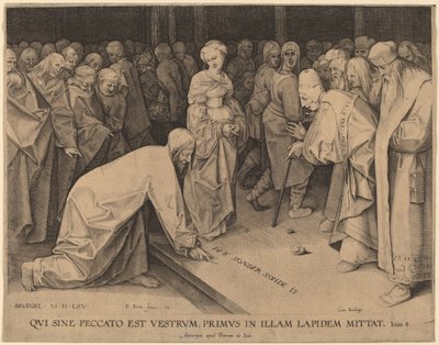Christus en de overspelige vrouw door Pieter Perret after Pieter Bruegel the Elder
