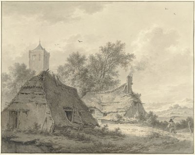 Landschap met twee boerderijen en een kerktoren door Pieter Pietersz. Barbiers