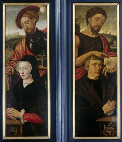 Twee vleugels van een drieluik met portretten van schenkers met heiligen Adrianus en Johannes de Doper door Pieter Pourbus (attributed to)