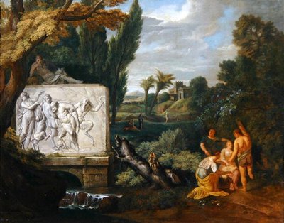 Een Klassiek landschap met maagden die dansen bij een sarcofaag die de Triomf van Silenus afbeeldt door Pieter Rysbrack