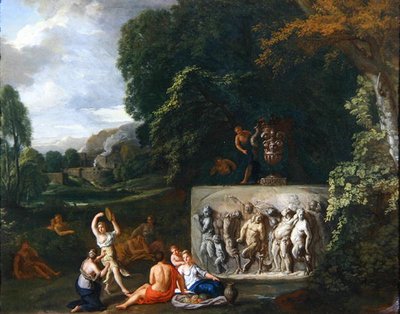 Een klassiek landschap met maagden dansend bij een sarcofaag die de triomf van Silenus uitbeeldt door Pieter Rysbrack