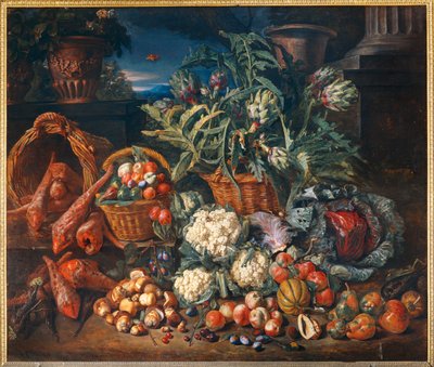 Nature morte: peulvruchten en fruit - Stilleven: Groenten en fruit ... door Pieter Snyers