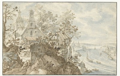 Rivier met links een kapel door Pieter Stevens (I)