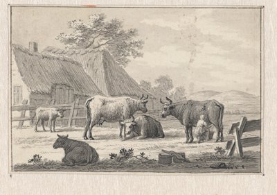 Boerenerf met melkende meid door Pieter de Goeje