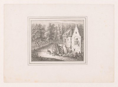 Landschap met watermolen en een grazende geit aan een touw door Pieter de Goeje