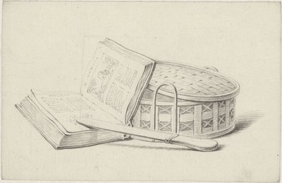 Stilleven met boek, briefopener en mandje door Pieter de Goeje